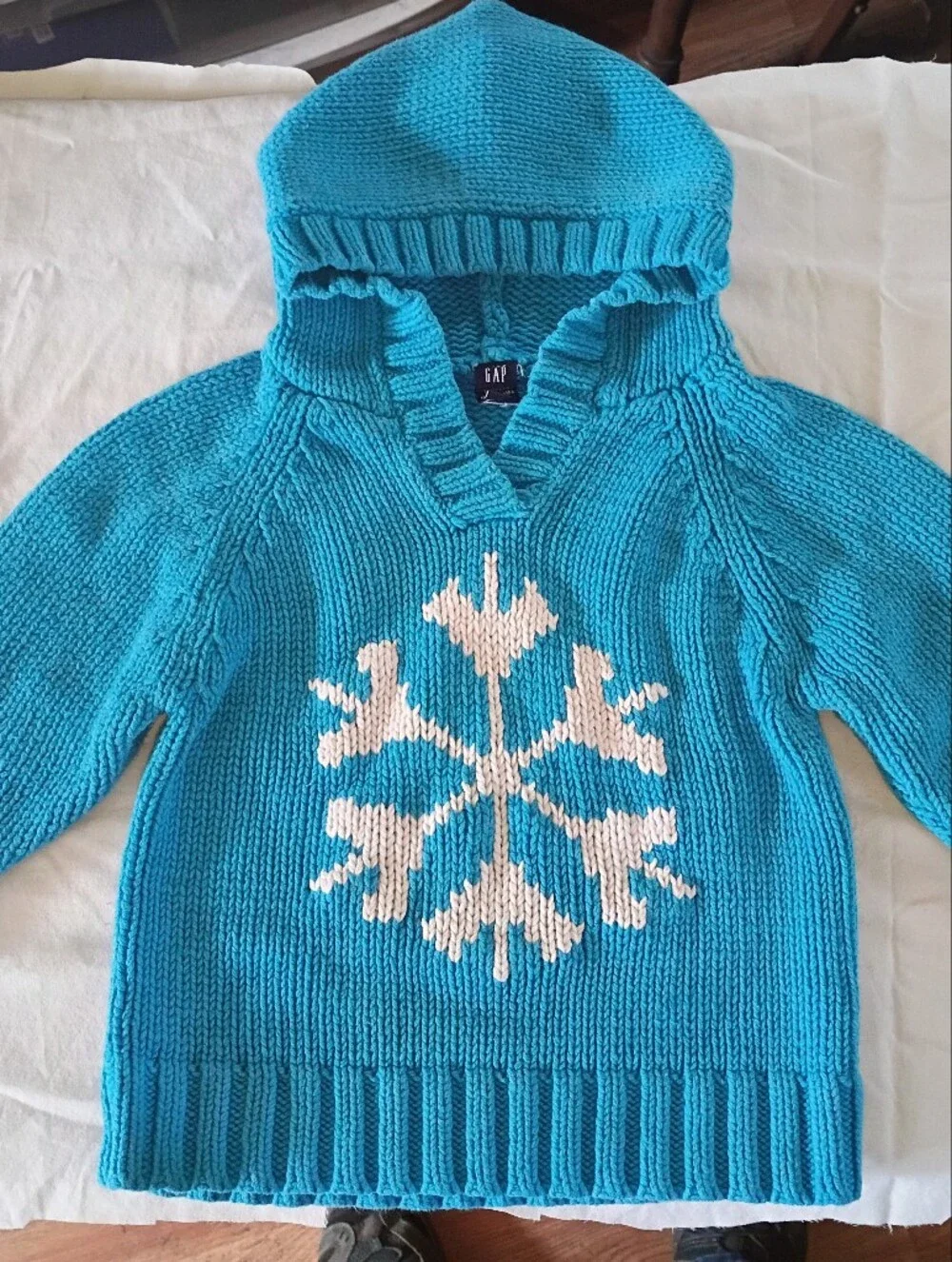 Turquoise Hooded Women’s Sweater with White Snowflake